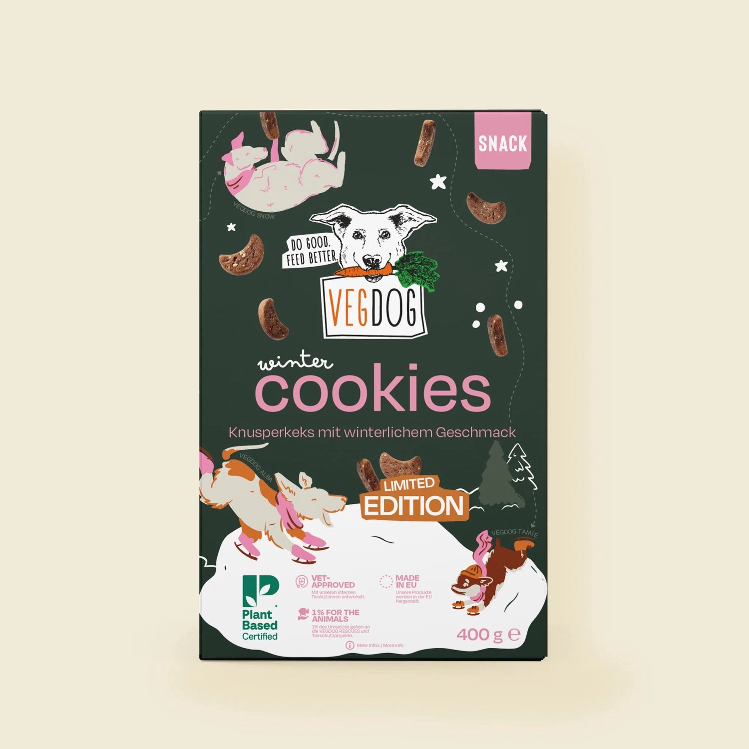 VEGDOG Winter Cookies - Kerst Hondensnacks - Vegan Koekjes met Kaneel, Sinaasappelschil & Kamille - Limited Edition - 400 g