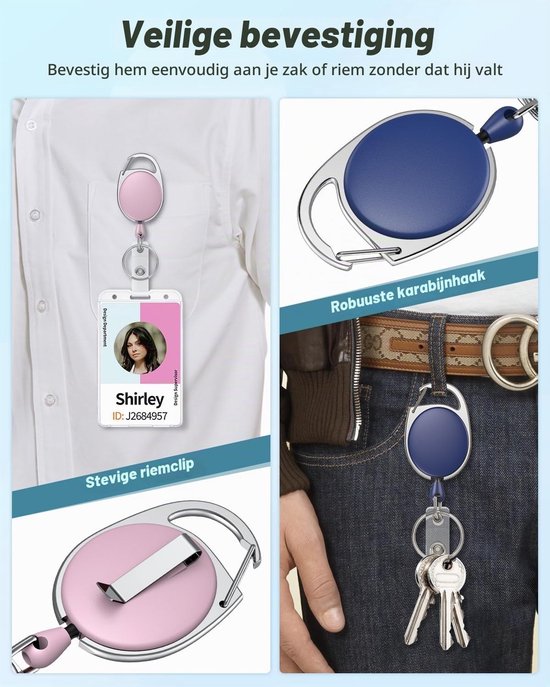 5 Stuks Retractable Badge Reels voor ID Kaarthouder - Stevige Sleutelhanger met Kleurige ABS Behuizing, RVS Veer en 60 cm Nylon Carabiner - Perfect voor Werk en Evenementen — afbeelding 4