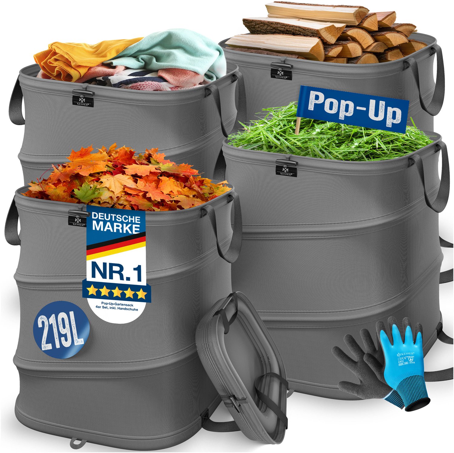 KESSER® Pop-up tuinzak set van 4 x 219 liter - Zelfstaand en opvouwbaar - Antraciet/zwart