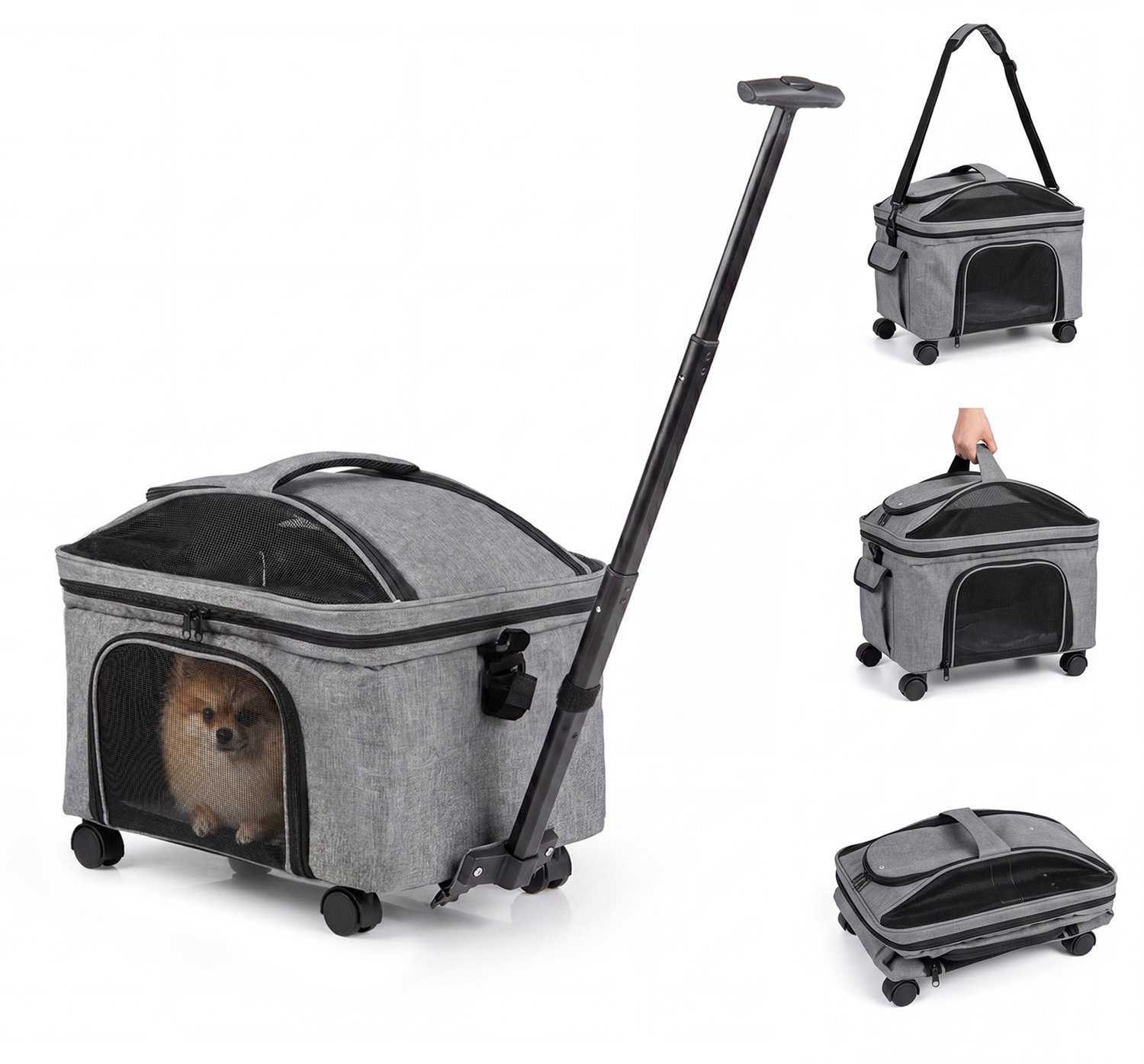 COSTWAY Hondenbox, opvouwbaar, transportbox hond, hondentransportbox met Transporttas voor katten met telescopische handgreep, schouderriem en zijvak, tot 15 kg, voor thuis, auto, zwart + grijs