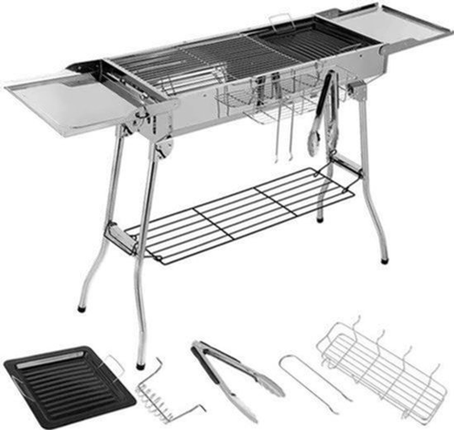 BBQ - BBQ Houtskool - Barbecue - Grill - RVS - met Dubbele Opklapbare Zijkanten, Antiaanbakpan en Verstelbare Ventilatie – Draagbare Camping BBQ - Zilver