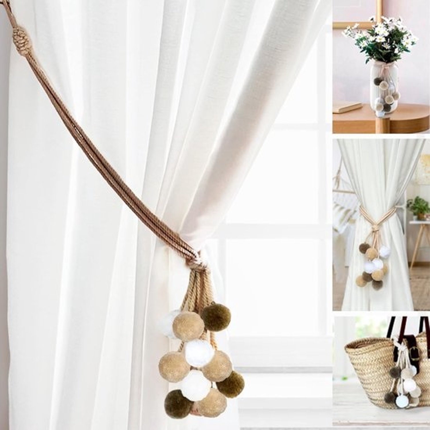 Gordijnbinders - met pompons - Decoratieve koorden - 2 stuks - Bruin en beige - Katoen