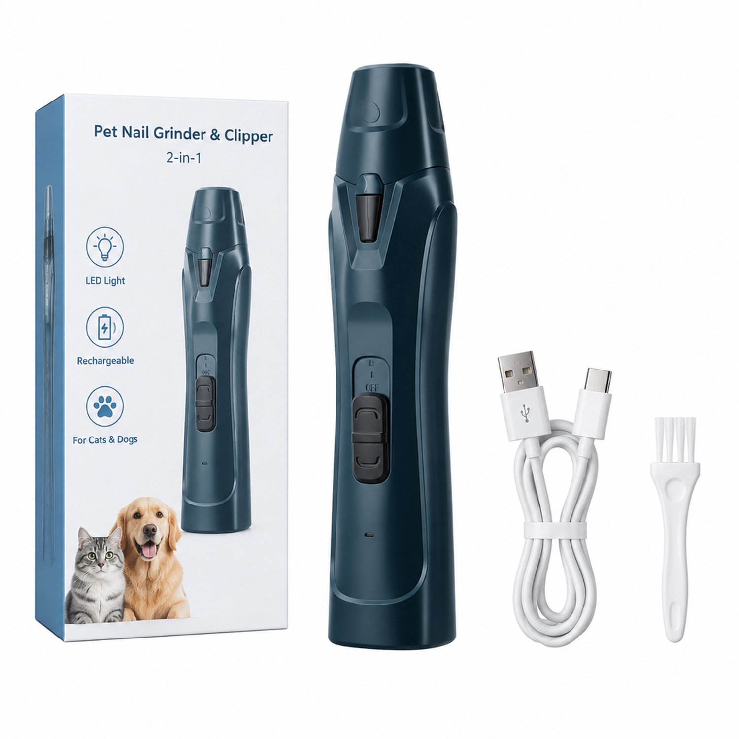 Elektrische nagelknipper - USB-oplaadbaar - 2-in-1 roestvrijstalen nagelknipper en elektrische nagelslijper met LED - voor katten en honden - blauw met Engelstalige verpakking