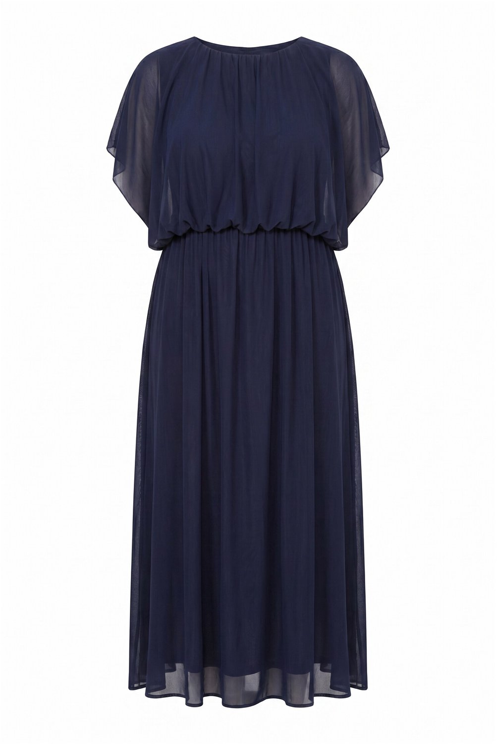 Ulla Popken - Dames - Maxi-jurk ballonmodel bovenstuk ronde hals mouwloos - Marine - Maat 50+