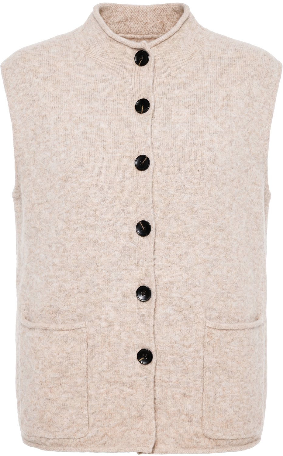 Ulla Popken - Dames - Gebreid gilet rolrandjes ronde hals mouwloos - Donker kiezel - Maat 54+