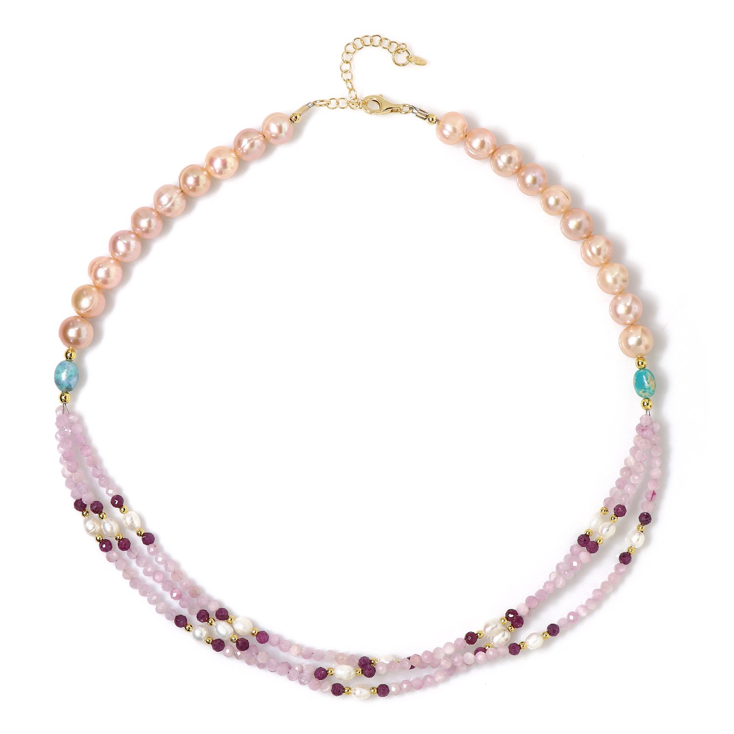 Cavill - Zilveren Halsketting met 27,36 ct Kunziet - 925 Sterling Zilver Verguld - Meerrijige Ketting met Turkoois en Robijn - Luxe Dames Sieraad