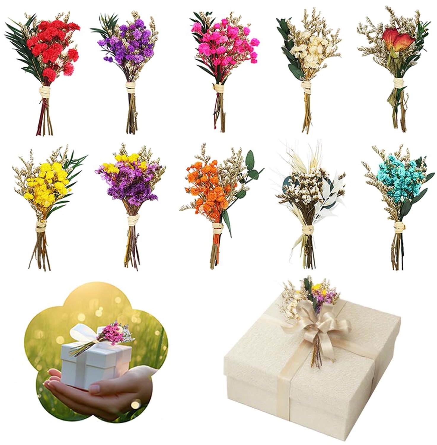Famanu Kleine droogbloemenboeketten - Perfect voor creatieve decoratie - Natuurlijke uitstraling - 10 stuks