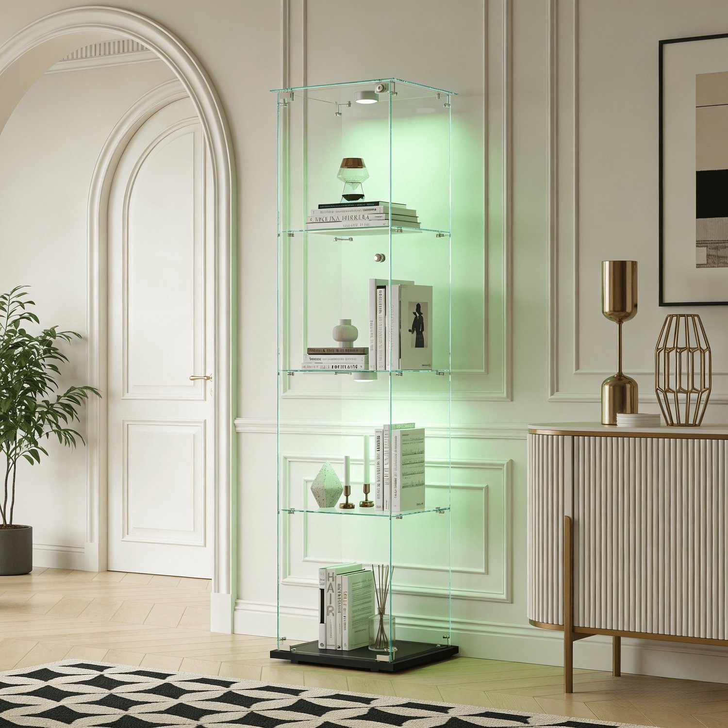 Vitrinekast met LED verlichting veelkleurige - 4 planken en 1 deur - Standvitrine Multifunctioneel - 40x35x163cm - Modern design - Zwart