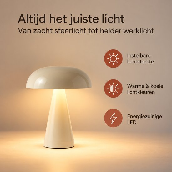 Crèmekleurige paddenstoelvormige tafellamp met instelbare lichtsterkte en warme/koele tinten. Met LED technologie.