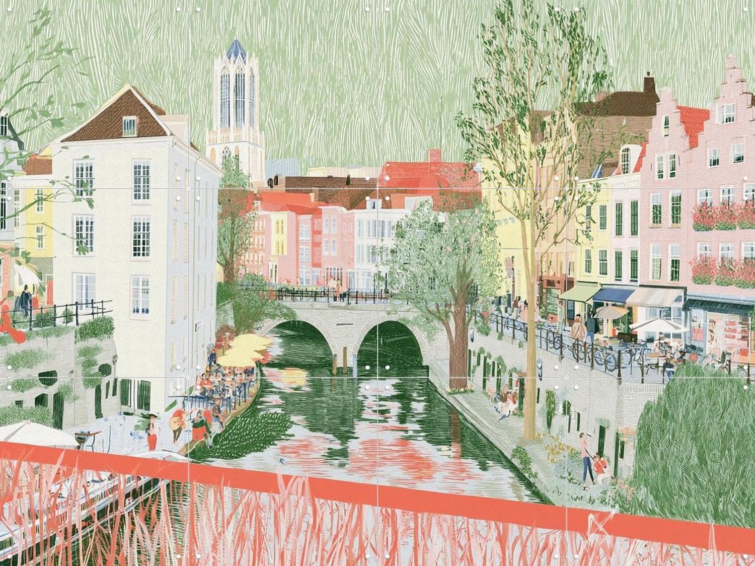 IXXI Landscape Utrecht, Artclaud - 80 x 60 cm - Grote wanddecoratie en posters - Illustraties, Gang, Trap, Woonkamer, Stad, Bruggen, Gebouwen Groen