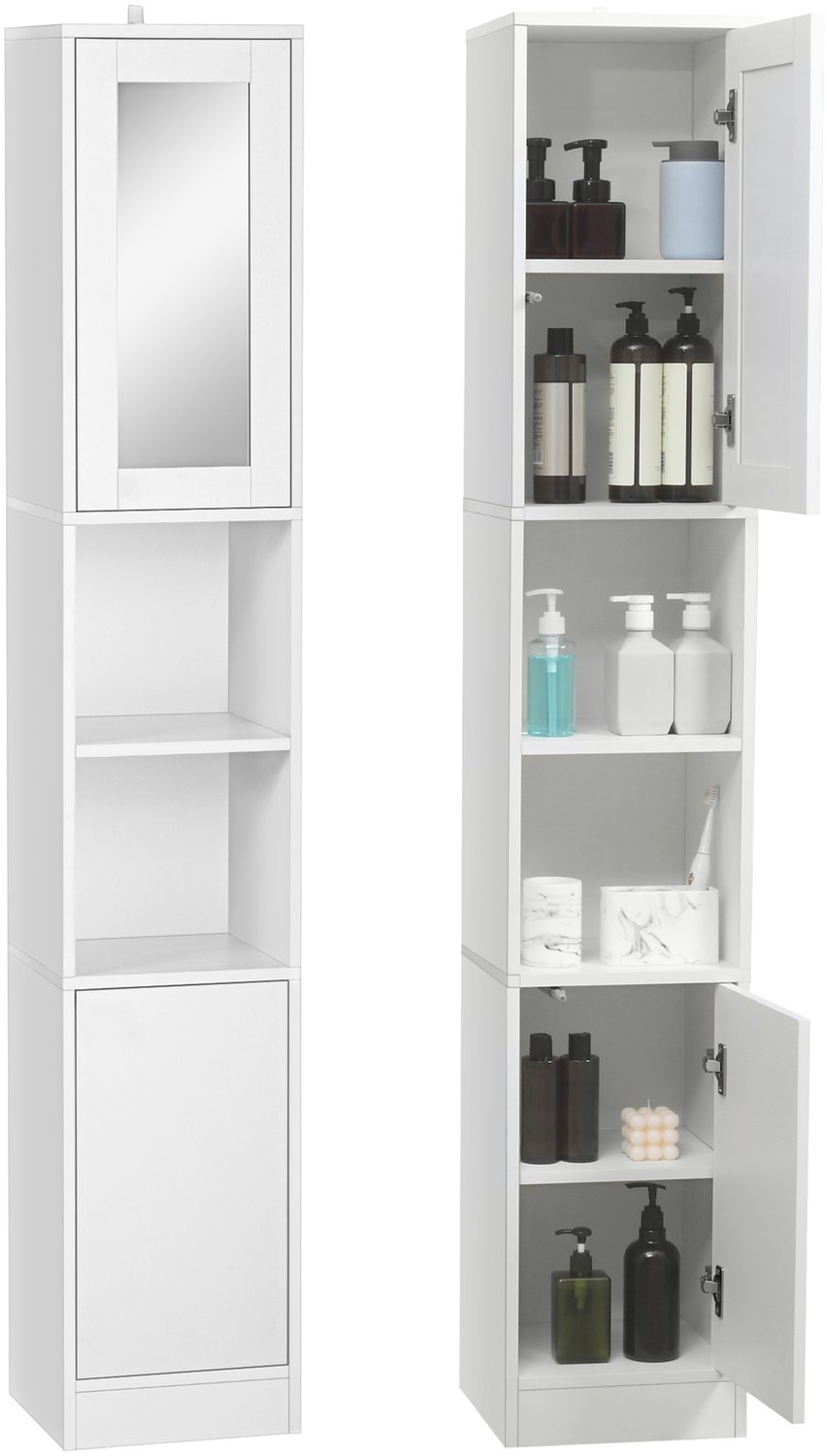 Hoge badkamerkast - kolomvormig opbergmeubel met spiegel - 2 deuren - verstelbare planken - 30x28x170cm - wit
