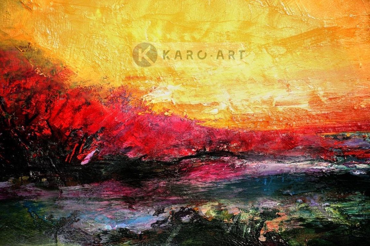 karo-art Schilderij - Zonsondergang (print van handgeschilderd) , Multikleur , Wanddecoratie