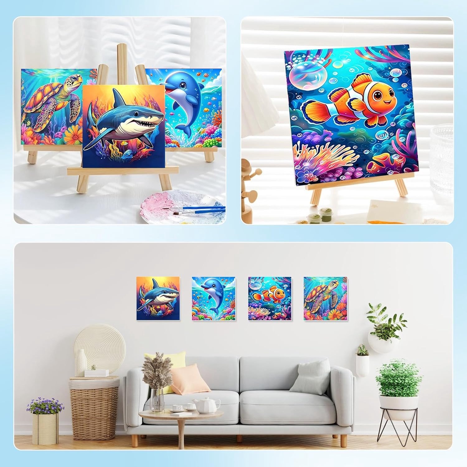 4-delige Schilderen op Nummer Set voor Kinderen met Lijst, Haai Schilderij voor Leeftijd 4-12+, Creatieve DIY Schilderactiviteit met Doek, Kwasten en Acrylverf