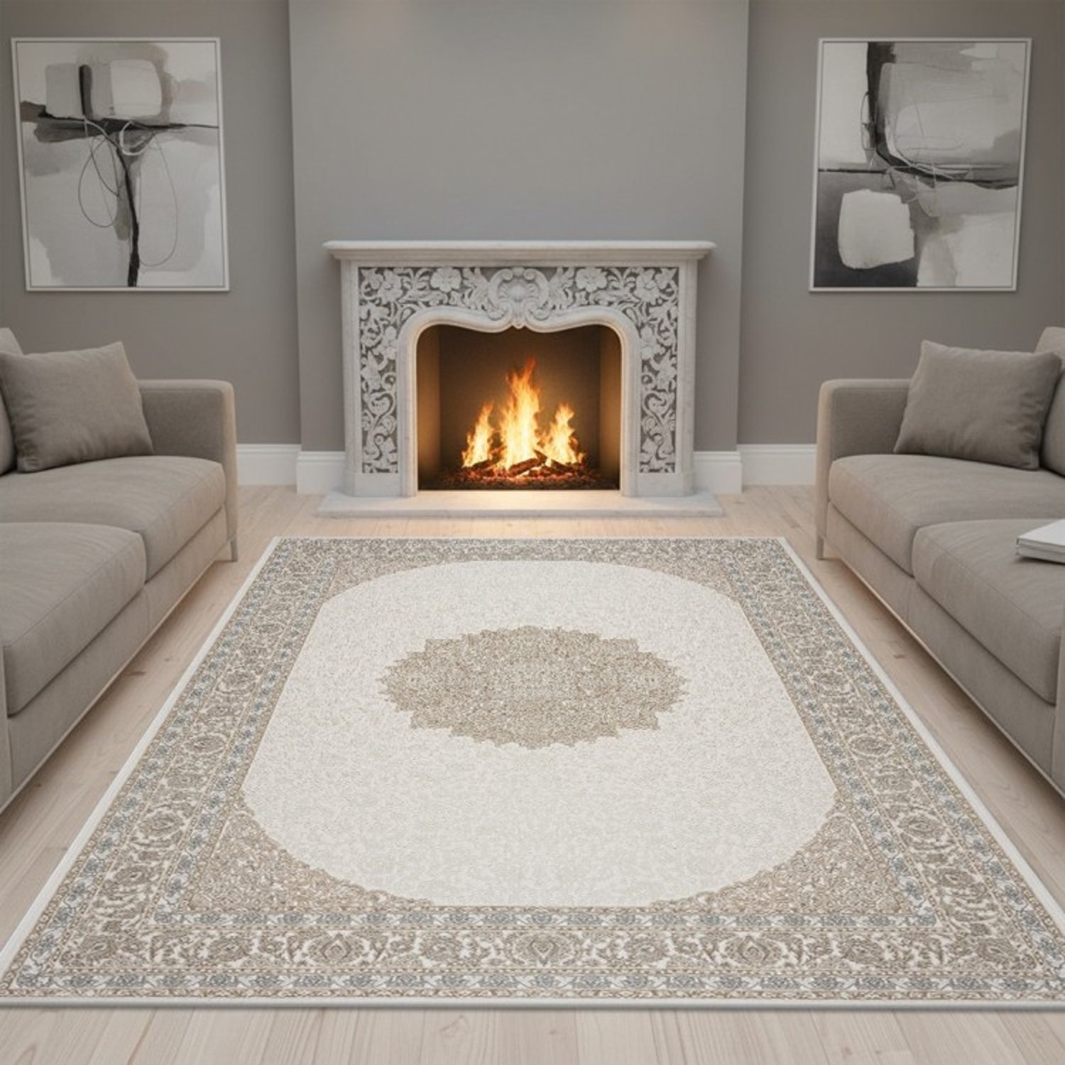 TapisTrend Designer tapijt Beige 80x150 cm Oosterse vloerkleed met een groot centraal medaillon en gedetailleerde bloemmotieven voor de woon- en eetkamer