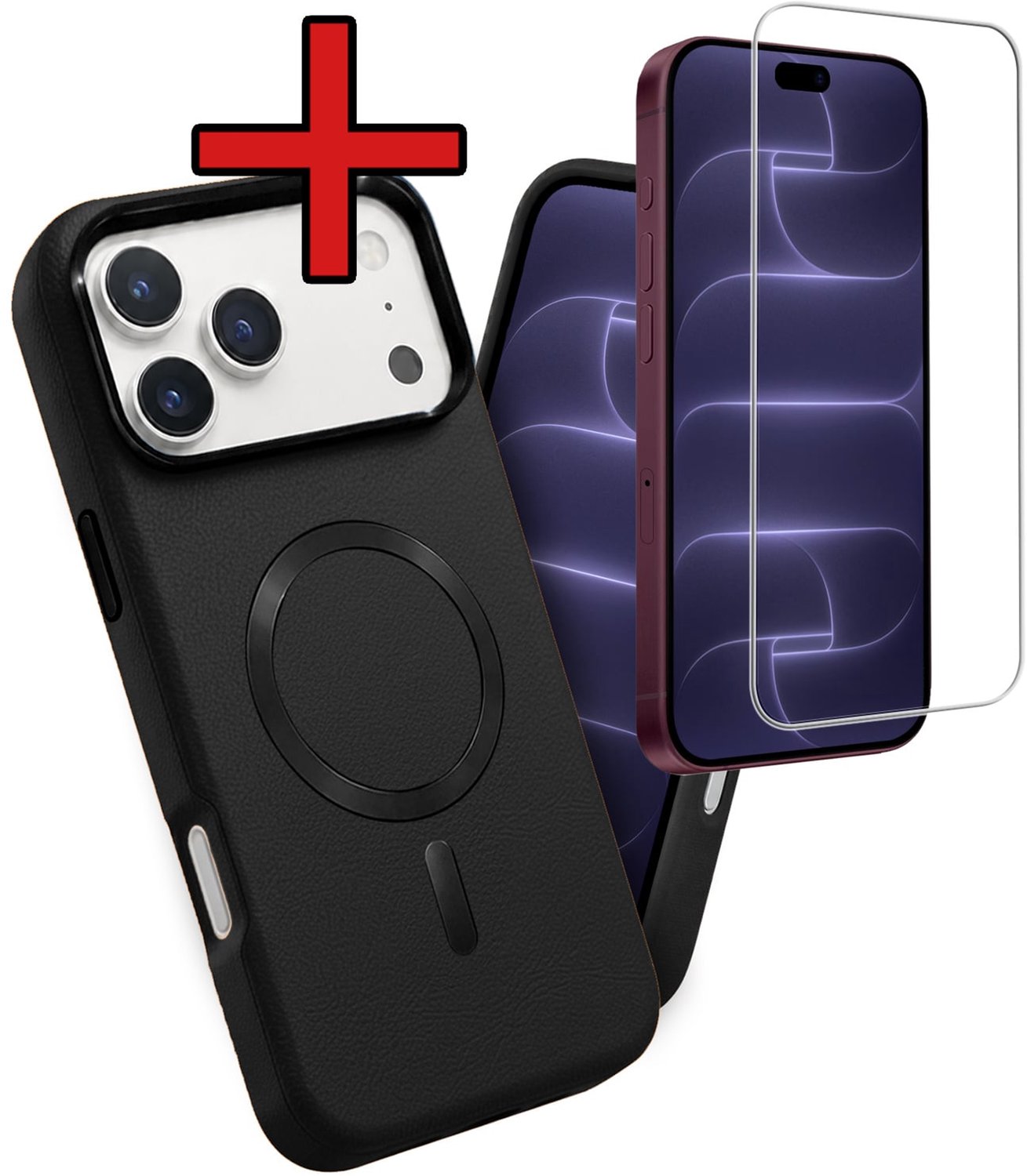 Hoesje - Met Screenprotector - Geschikt voor Apple iPhone 18 Pro Max - Magsafe Compatible - Leer Look - Sterk & Shockproof - Shock Proof Case - Back Cover - Telefoon Hoes - Telefoonhoes - Zwart