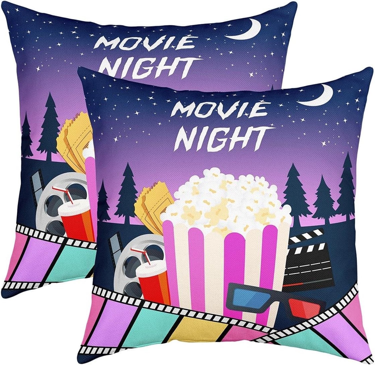 Kussenhoezen met filmthema voor bank en slaapbank, aquarel theater en popcorn, set van 2, 50 x 50 cm, decoratieve kussens voor filmfanaten