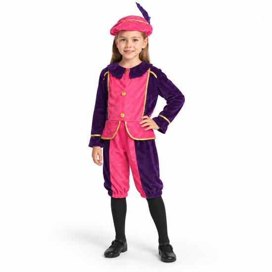 Pietenpak voor kinderen in roze en paars fluweel met goudkleurige details en bijpassende pietenmuts met veer.