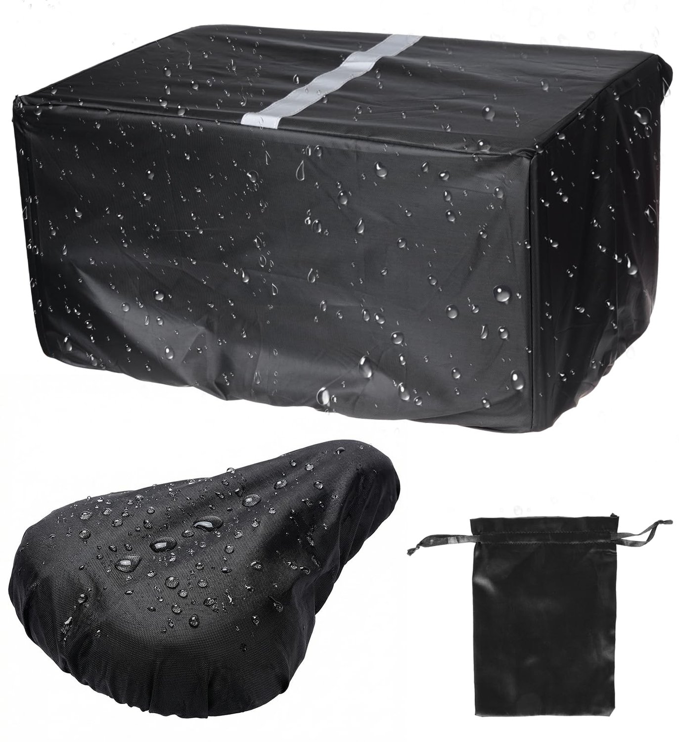 Famanu - Set van 2 regenhoezen - Bescherming tegen regen voor fietsmand en zadel - Waterdicht polyester - Zwart 2 stuks