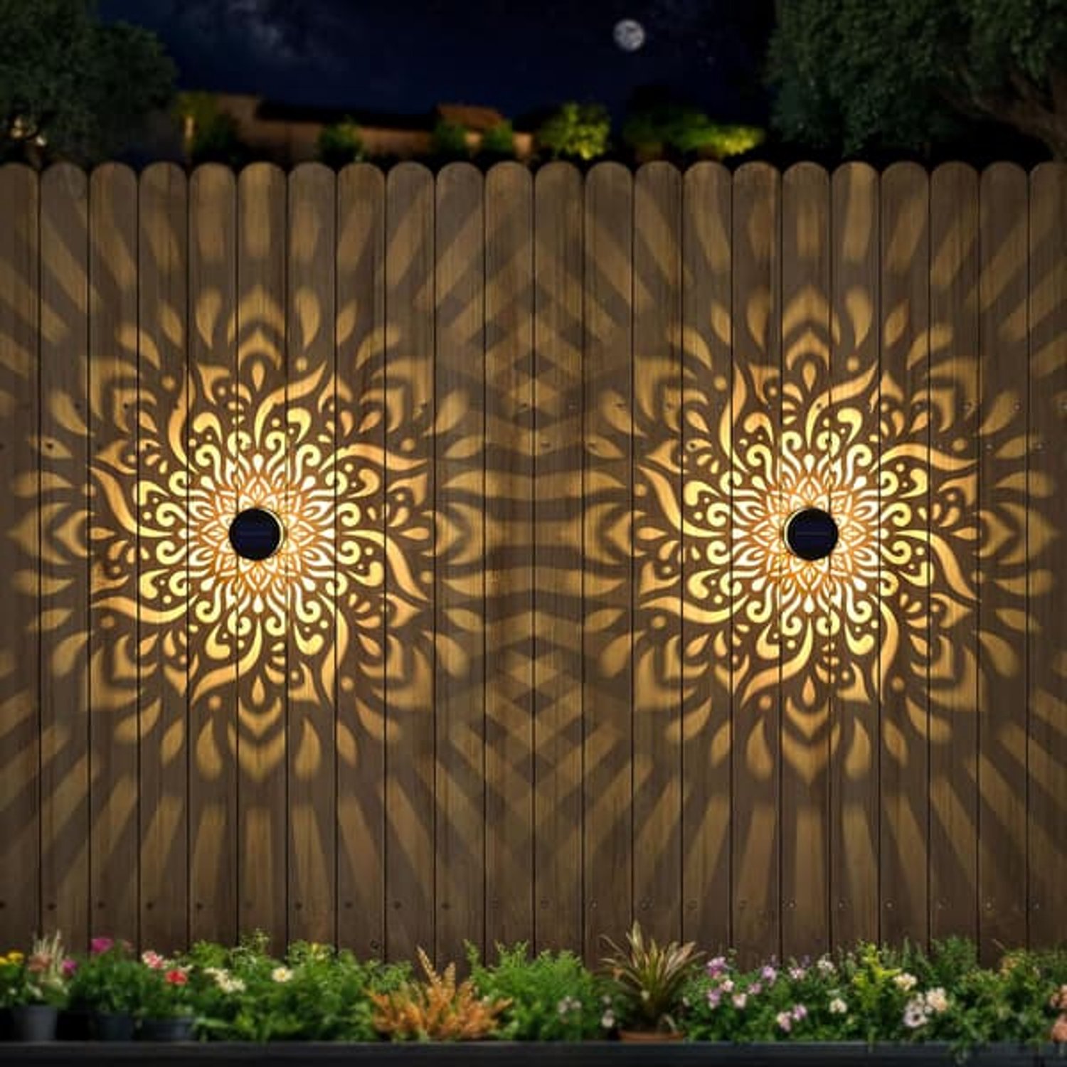 Set van 2 grote, op zonne-energie werkende metalen hekverlichting voor buiten, met mandala-thema, geschikt voor wanden, terrassen en trappen. Waterdichte verlichting voor tuin, pilaren, erf, huisdecoratie en als cadeau.