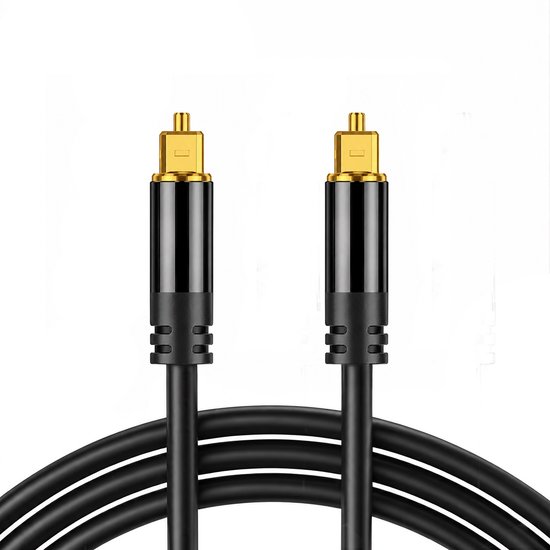 Zwarte optische audiokabel met gouden Toslink-connectoren aan beide uiteinden. De kabel is 1 meter lang.