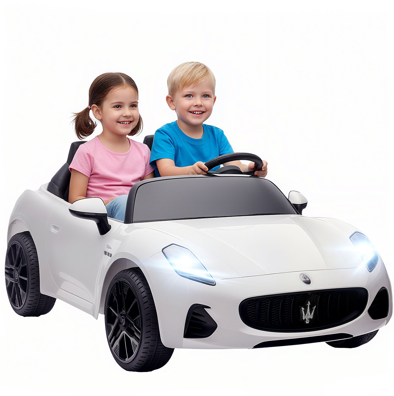 Playon Elektrische kinderauto Maserati - 2-zits - Met afstandsbediening en muziekspeler - Met vering en veiligheidsgordels - 120 x 72 x 50 cm - Wit