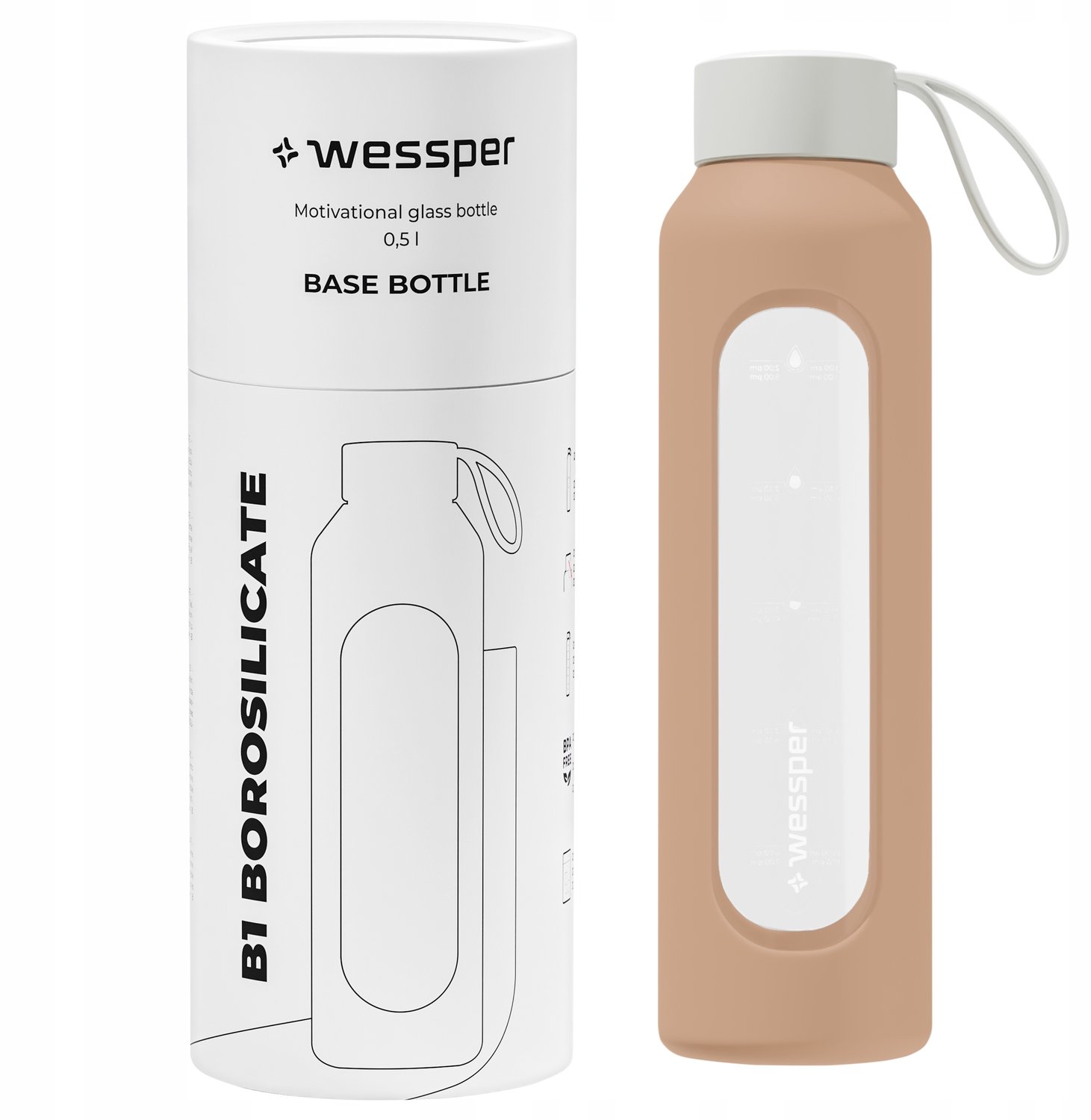 Wessper B1 Borosilicaat Glazen Fles 0.5L Beige - Motiverend & Lekvrij
