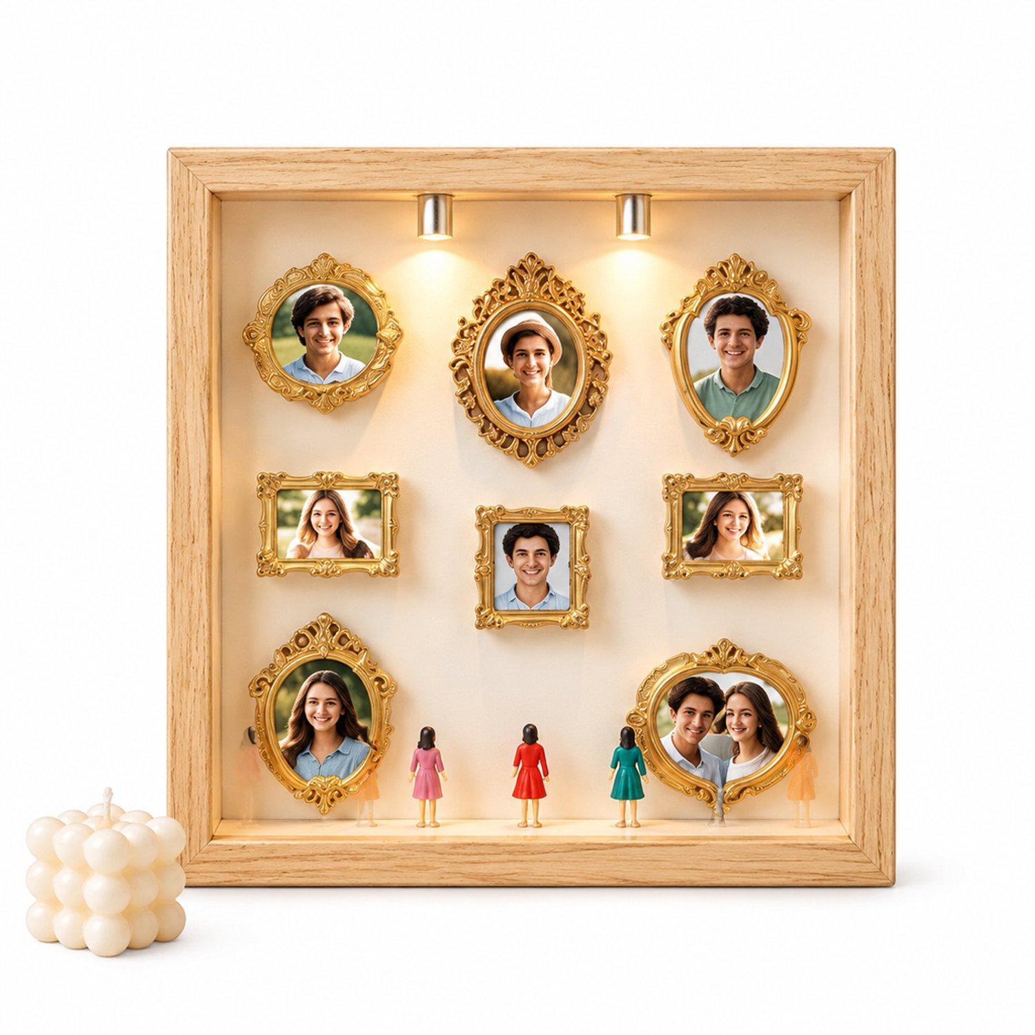 SWGOTA Vierkante MDF blindbox displaylijst in houtkleur met 8 minilijsten 8 willekeurige figuren en 2 lampjes voor op tafel