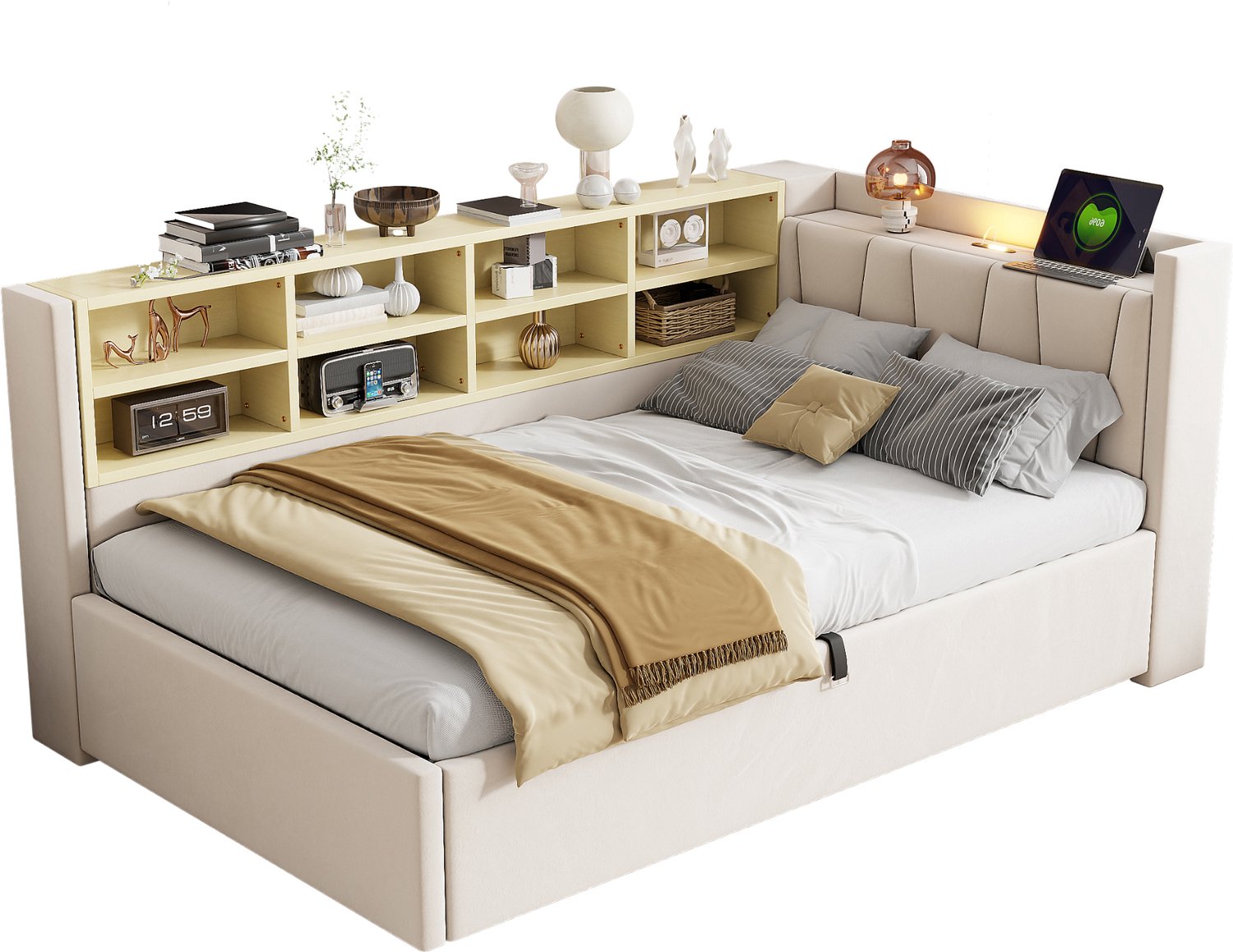 MUVANO Gestoffeerd bed 90 x 200 cm - slaapbank met hydraulische opbergruimte, nachtlampje, USB en type-C, opbergvakken, fluwelen hoofdbord, beige