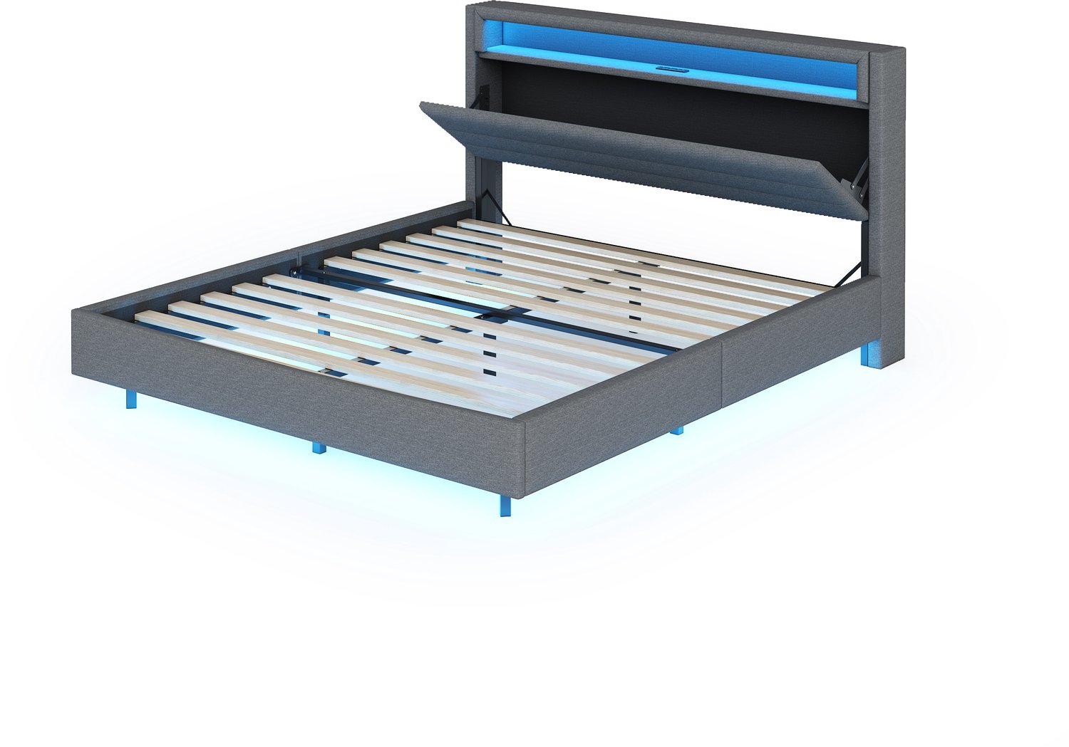 MUVANO Gestoffeerd bed 140 x 200 cm - grijs tweepersoonsbed met ledverlichting, USB-aansluiting, opklapbaar hoofdeinde, linnen bekleding en verborgen poten voor de slaapkamer