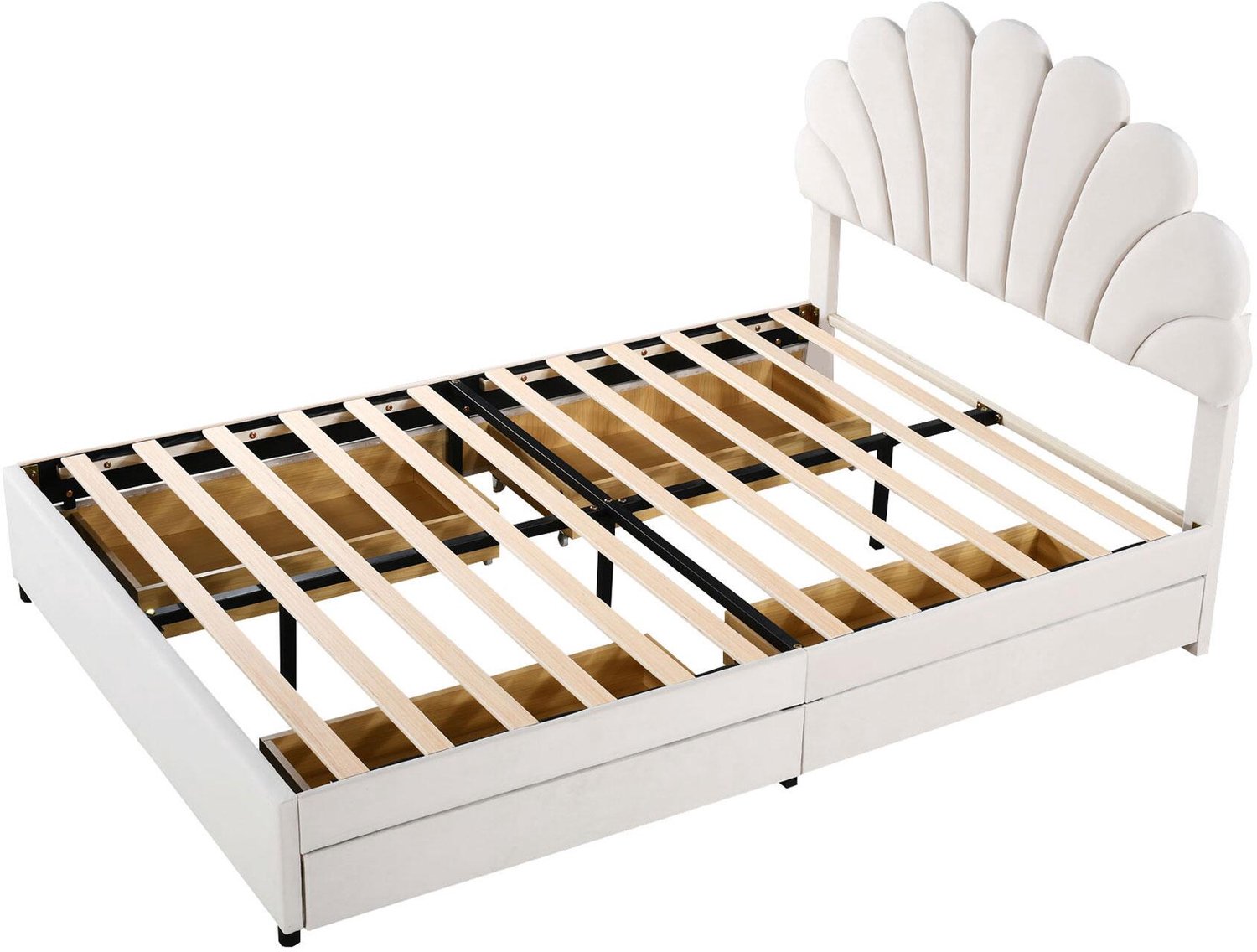 MUVANO Gestoffeerd bed 140 x 200 cm - beige fluwelen bed met bloemvormig hoofdbord, lattenbodem en vier opberglades voor de slaapkamer
