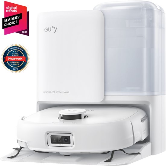 eufy Robotstofzuiger Omni E25 - HydroJet dweilsysteem - 20.000Pa zuigkracht - DuoSpiral borstels die ontklitten - CornerRover arm voor het schoonmaken van hoeken - Alles-in-1 station - Voor gezinnen met huisdieren en kinderen.