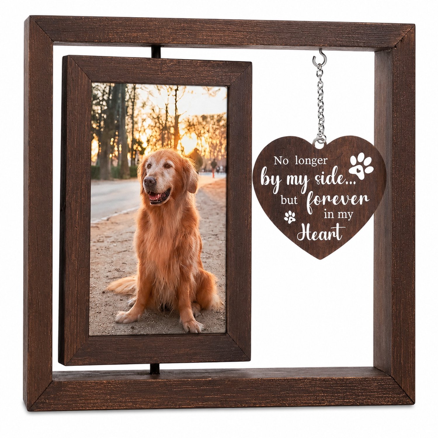 SWGOTA Massief houten fotolijst ter herinnering aan een huisdier - dubbelzijdig draaibaar, met hangend hart, 21,5 x 20,4 cm - zonder foto Walnootkleur
