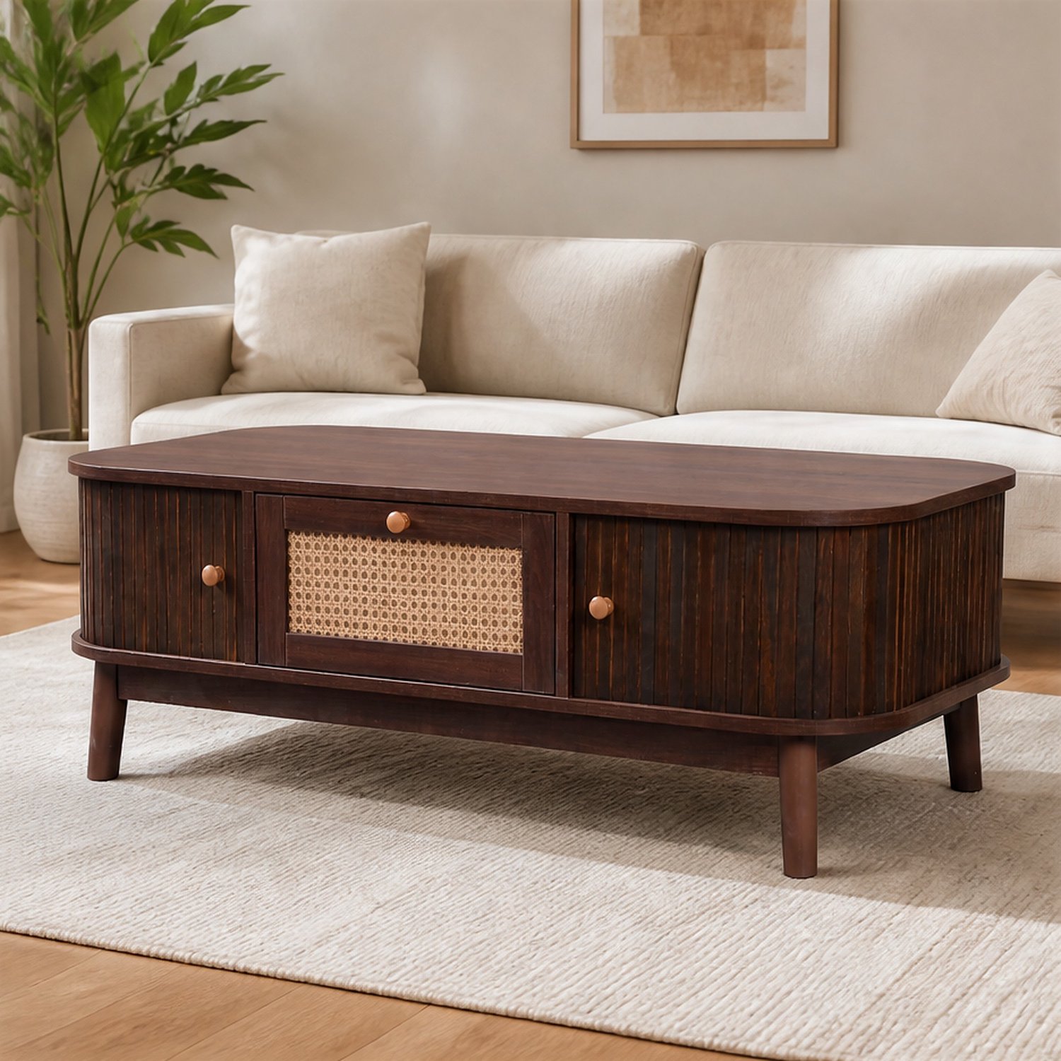 City long dragon LONG DRAGON - Salontafel - natuurlijk - MDF met rotanlades, schuifdeuren en verborgen opbergruimte