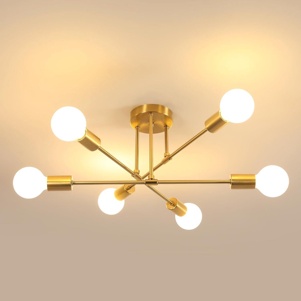SnelShoppen - Vintage Plafondlamp Ø 60 cm Gouden Sputnik Chandelier met 6 E27 Fittingen voor Woonkamer, Eetkamer, Keuken en Hal, Max. 60 W (zonder lam