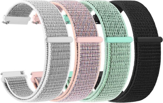 Vier nylon horlogebandjes in grijs, roze, mintgroen en zwart met bijpassende gespen.