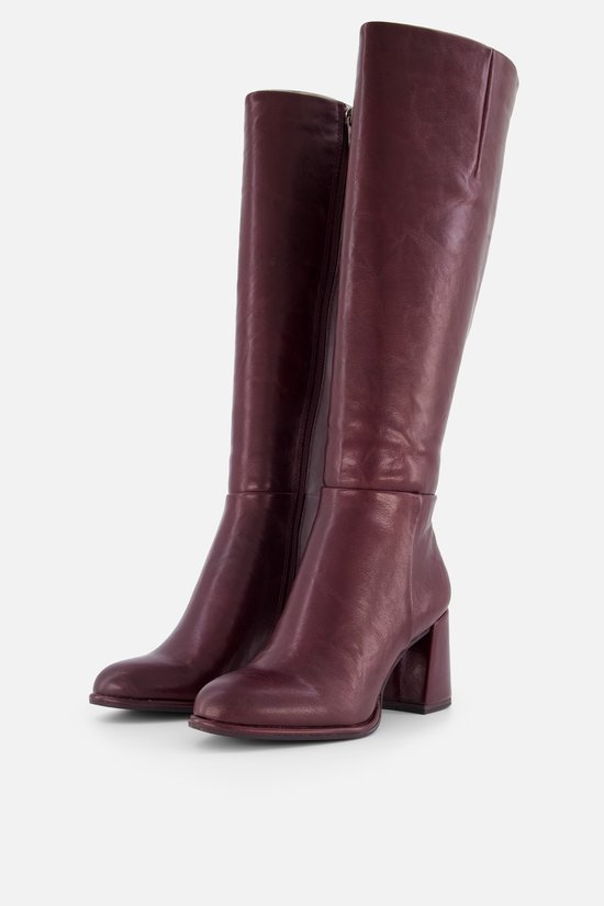 Bottes hautes en cuir bordeaux jusqu'au genou avec talon bloc, vue de côté.