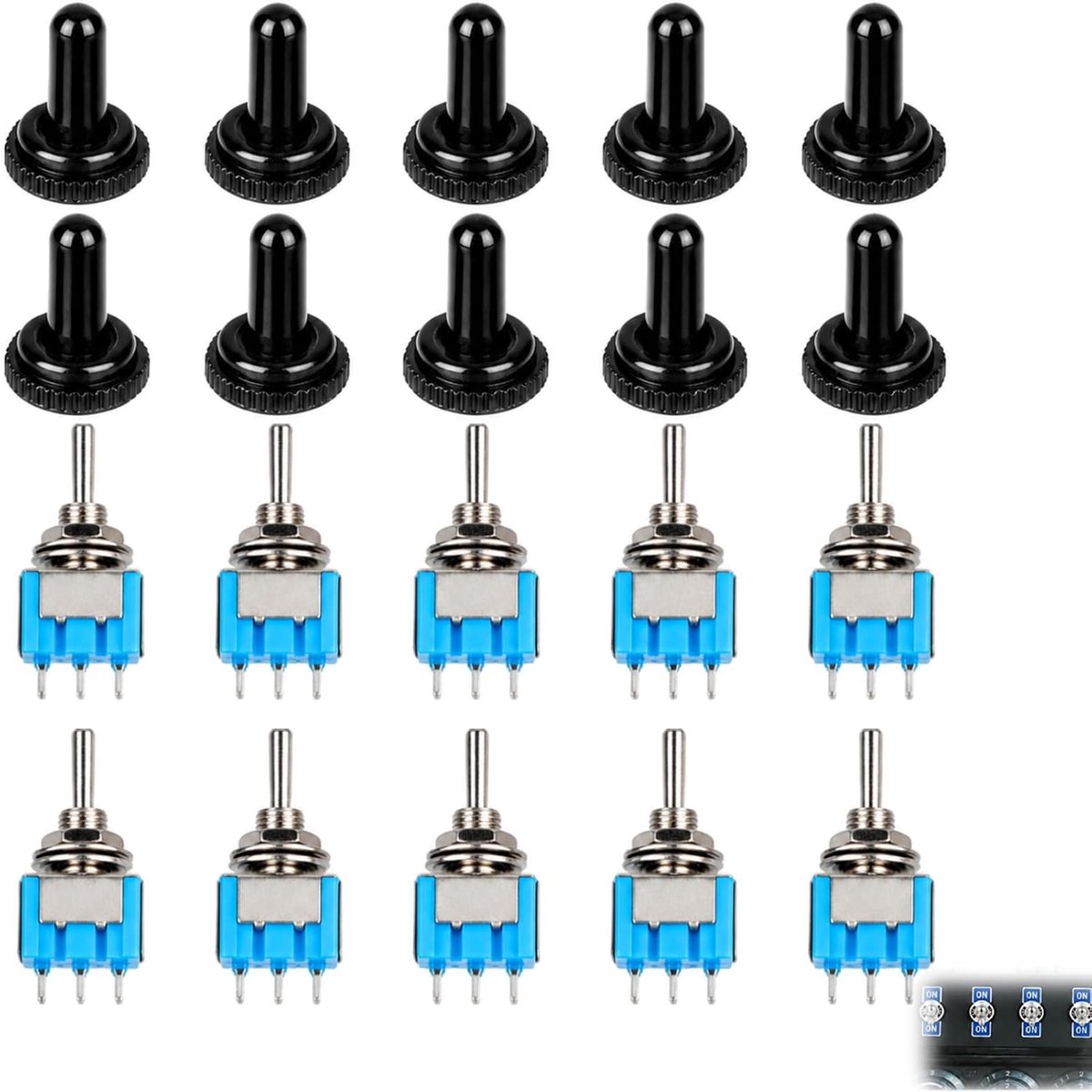 MTS-203 DPDT Tuimelschakelaar, 10 stuks, AC 125 V, 6 A, 3 standen, aan/uit, 6-polig, met waterdichte doppen, voor - ShopVlot