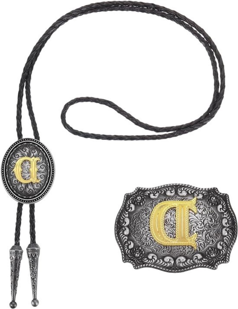 Western Cowboy Bolo Tie en riemgesp set met gouden initialen D van koeienhuid - vintage accessoires