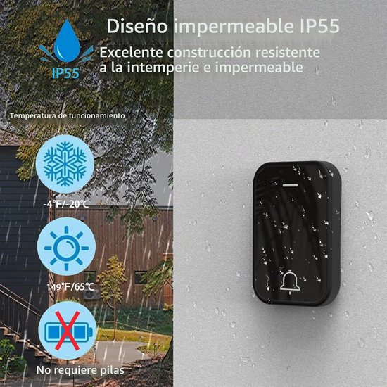 YAGXIG Draadloze Buitendeurbel - Batterijloos - IP55 waterdicht - Zendbereik van 250 meter - 38 beltonen - Volumeregeling in 4 standen - Set bevat 1 ontvanger en 2 zenders - Beltoongeheugenfunctie — afbeelding 2