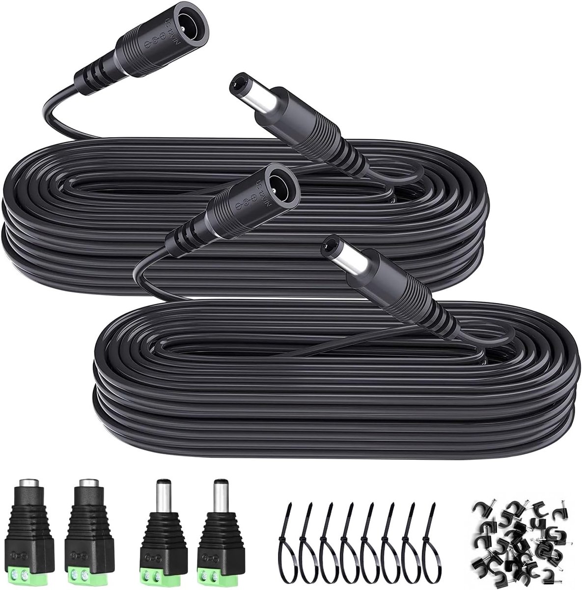2pcs 6m DC Power Extension Cable, 5.5mm x 2.1mm, 12V DC Extension Cable with Power Connector Plugs/Cable Clips/Cable - ShopVlot