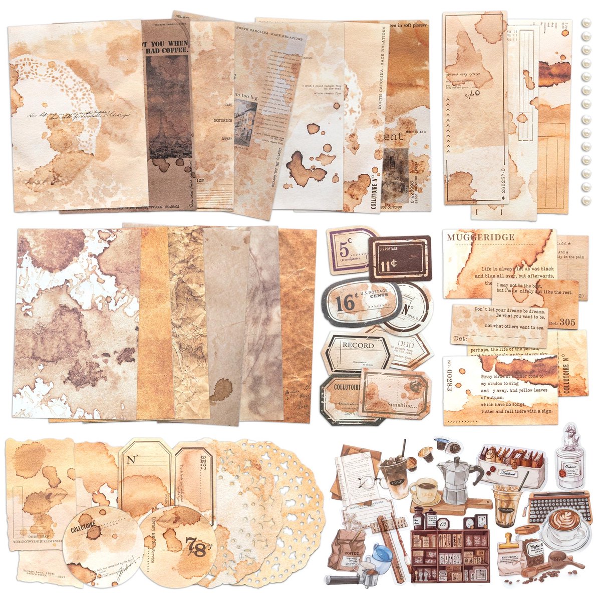 Mayplous Vintage Coffee Junk Journal Supplies, kit met vlinderstickers, bloemuitsnedes, kant en handgeschreven - ShopVlot