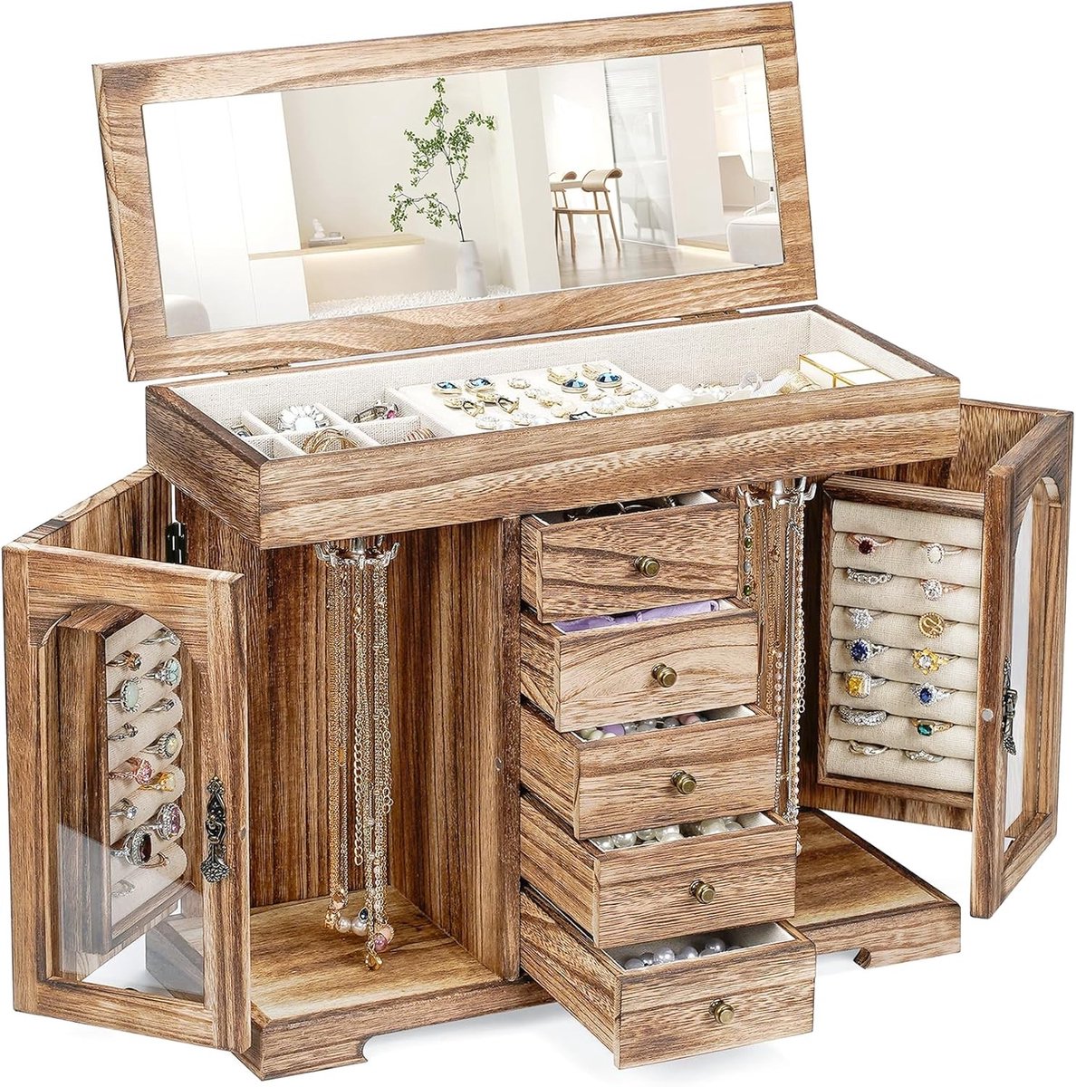 Grote Houten Sieradenbox voor Vrouwen met Spiegel, Organizer voor Ringen, Oorbellen en Armbanden, Ideaal voor Sieradenopslag en Decoratie