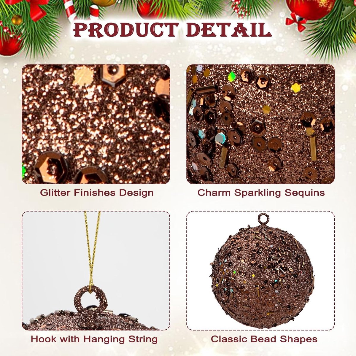 Set van 6 Holografische Glitter Kerstballen 8 cm - Bronzen Kerstboomversiering