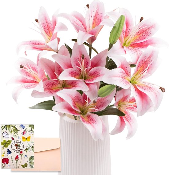 SnelShoppen - 12 Stuks Kunstmatige Lelies met 9 Bloeiende Koppen en 3 Knoppen - 50 cm Lange Steel - Roze & Wit - Kunstbloemen voor Huis, Kantoor, Fees