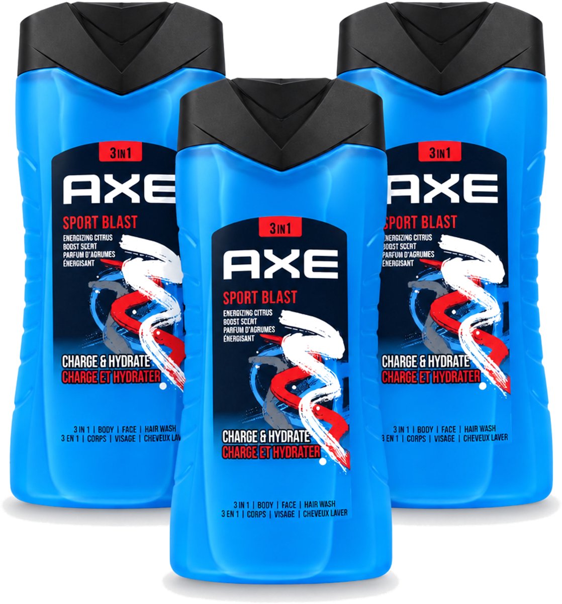 3 x Axe - 3-in-1 Douchegel - Sport Blast - Energizing Citrus - Hydraterend - 250 ml - Voordeelverpakking - 3 stuks