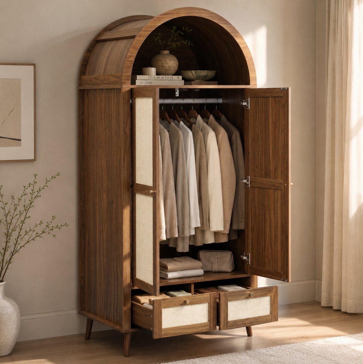 OKWISH Kledingkast - 2 Deuren En 2 Lades - Kledingroede En Open Vak - Walnootkleurig MDF Met Beige Rotanlook - 80 x 55 x 180 cm