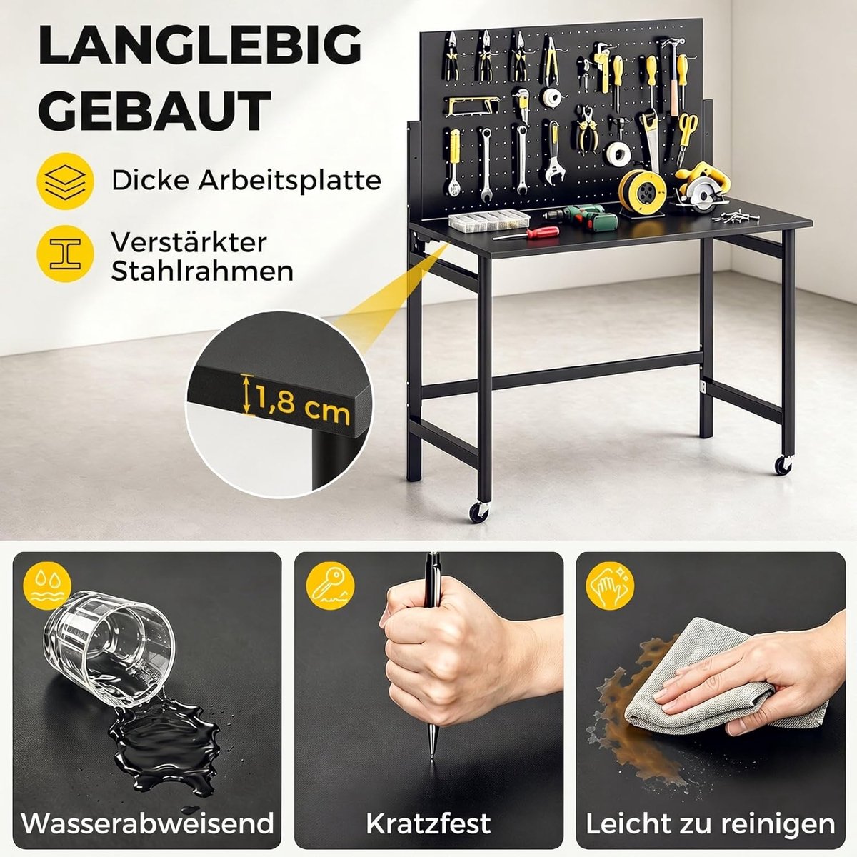 Werkbank met geperforeerde wand, vouwbaar en mobiel, 115 x 62 x 143,5 cm, zwart – Industrohome