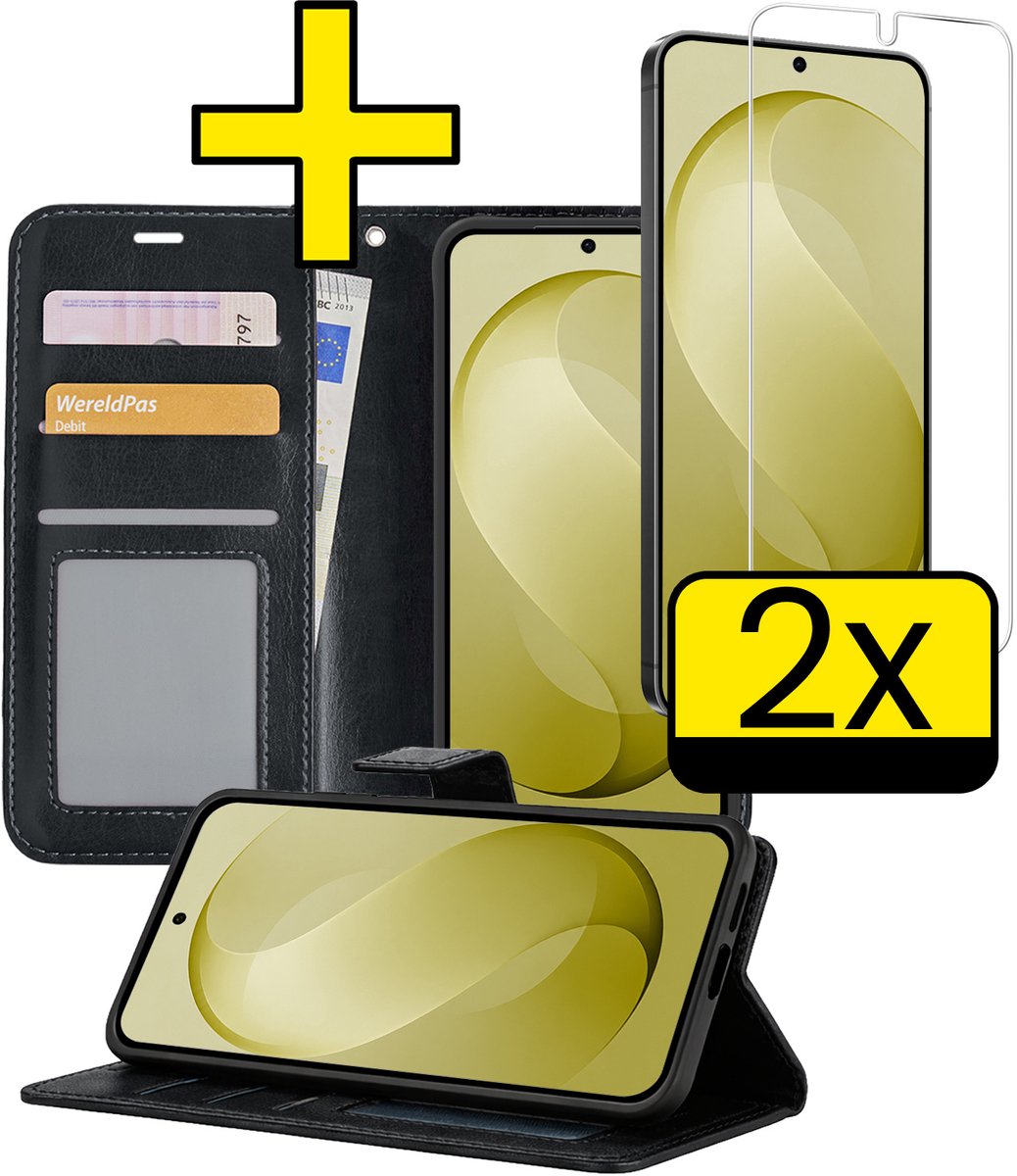 Hoesje - Met 2x Screenprotector - Geschikt voor Samsung Galaxy S26 FE - Luxe Pasjeshouder - Bookcase Portemonee - Flip Case - Kunstleer Book Case - Flipcase Hoes - Book Cover - Walletcase - Portemonneehoes - Telefoonhoesjes - Zwart