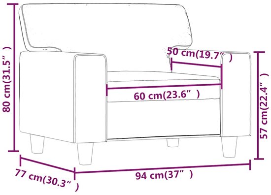 Technische tekening van een fauteuil met afmetingen: 80 cm hoog, 94 cm breed, 77 cm diep, zitting 60 cm breed en 50 cm diep.
