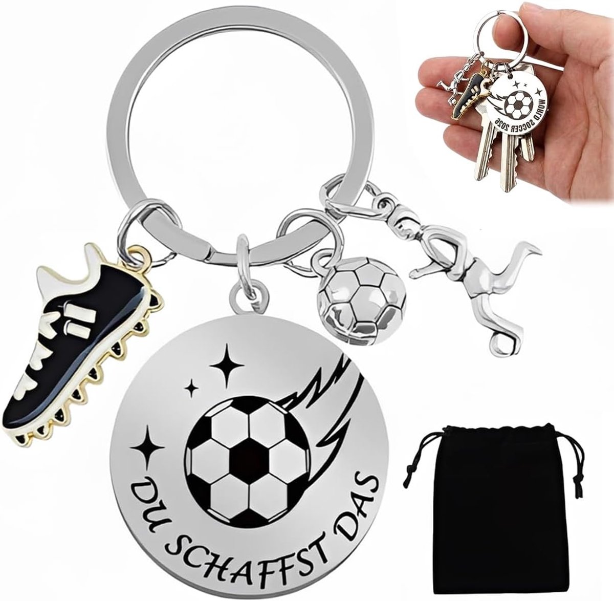 Sleutelhanger voor voetballer, voetbalsleutelhanger, metalen sleutelhanger met voetbal en, inbegrepen in een opbergtas, sportcadeau voor alle voetbalfans